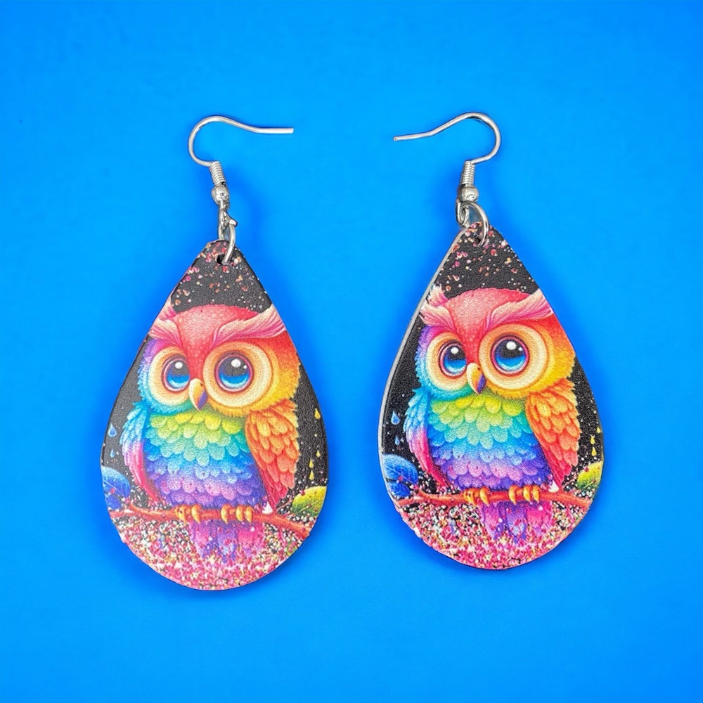 Lovely Owl Design Waterdrop‎ Colorful Wooden Drop Ear Dangle Jewelry